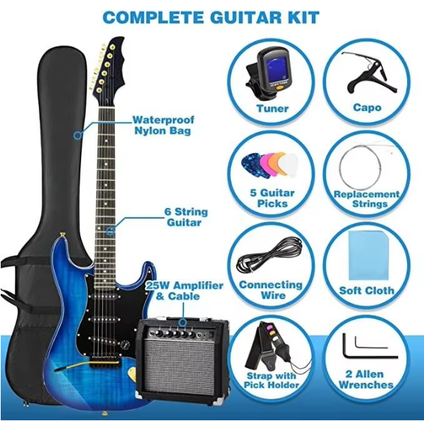 Jeuron High Quality 39 Inch Electric Guitar Full Size Beginner's Musical Instrument Kit with 25 Watt Amplifier RIPPLE BLUE