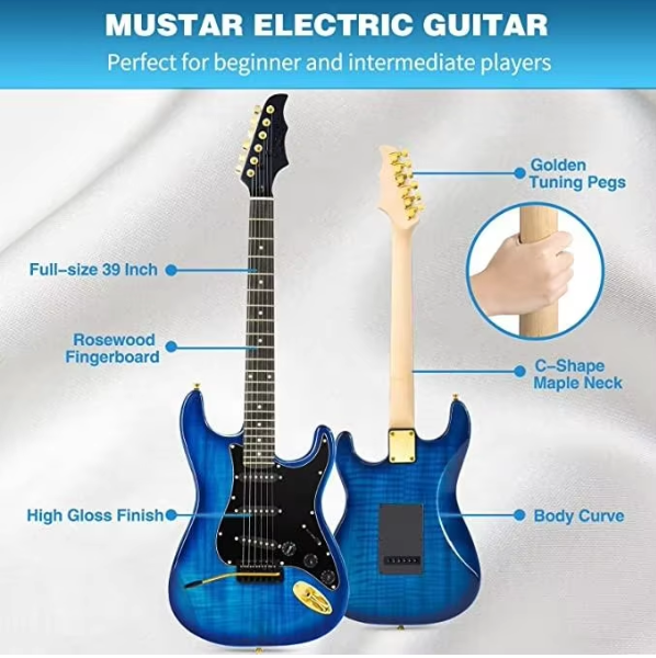 Jeuron High Quality 39 Inch Electric Guitar Full Size Beginner's Musical Instrument Kit with 25 Watt Amplifier RIPPLE BLUE