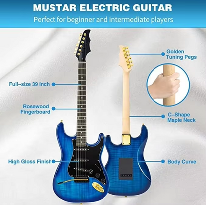 Jeuron High Quality 39 Inch Electric Guitar Full Size Beginner's Musical Instrument Kit with 25 Watt Amplifier RIPPLE BLUE