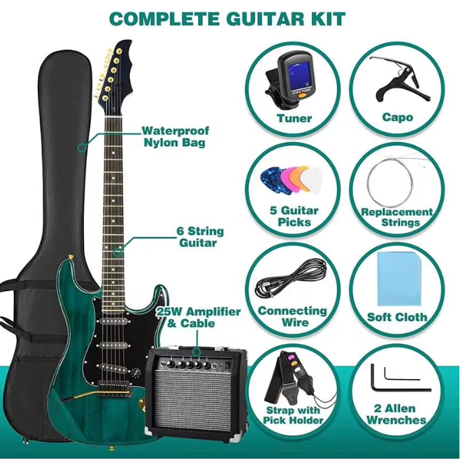 Huasheng High Quality 39 Inch Electric Guitar Full Size Beginner's Musical Instrument Kit with 25 Watt Amplifier Ripple Green
