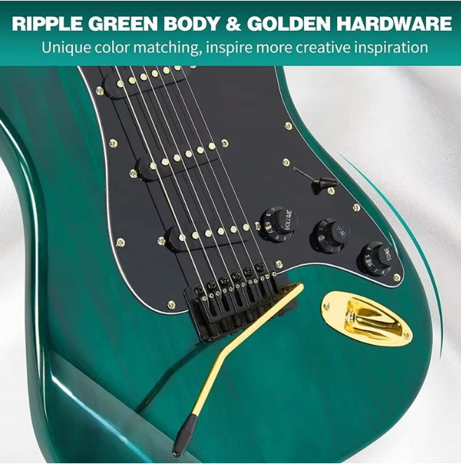 Huasheng High Quality 39 Inch Electric Guitar Full Size Beginner's Musical Instrument Kit with 25 Watt Amplifier Ripple Green