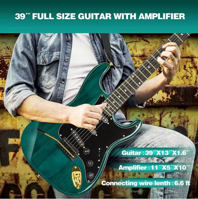 Huasheng High Quality 39 Inch Electric Guitar Full Size Beginner's Musical Instrument Kit with 25 Watt Amplifier Ripple Green