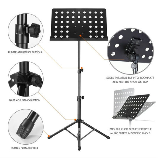 Jeuron Professional 3-Section Alloy Music Stand - Height Adjustable & Foldable Sheet Music Rest for Orchestras, Practice, and Reading