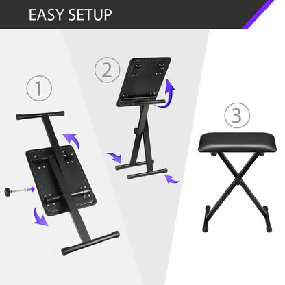 Jeuron Professional Keyboard Stand & Foldable Piano Bench Set - Height Adjustable X-Style Stand with Padded Music Stool Bundle