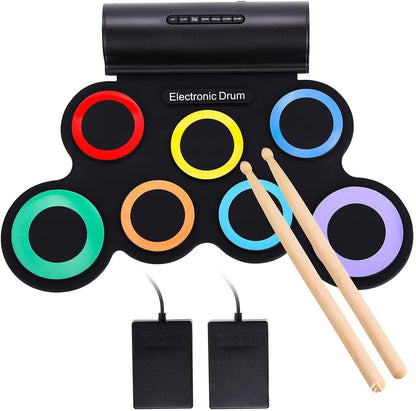 Jeuron Portable Electronic Drum Set - 9 Pads Roll Up Drum Practice Pad with Built-in Dual Speakers, Foot Pedals, Drumsticks, and Headphone Jack, Great Holiday Gift for Kids & Beginners