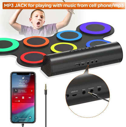 Jeuron Portable Electronic Drum Set - 9 Pads Roll Up Drum Practice Pad with Built-in Dual Speakers, Foot Pedals, Drumsticks, and Headphone Jack, Great Holiday Gift for Kids & Beginners