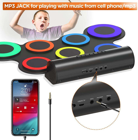 Jeuron Portable Electronic Drum Set - 9 Pads Roll Up Drum Practice Pad with Built-in Dual Speakers, Foot Pedals, Drumsticks, and Headphone Jack, Great Holiday Gift for Kids & Beginners